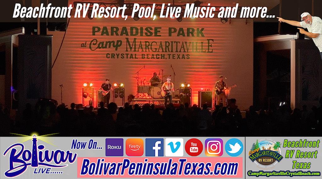 Camp Margaritaville Crystal Beach, Texas, Beachfront RV Resort, Pool, and Live Music.