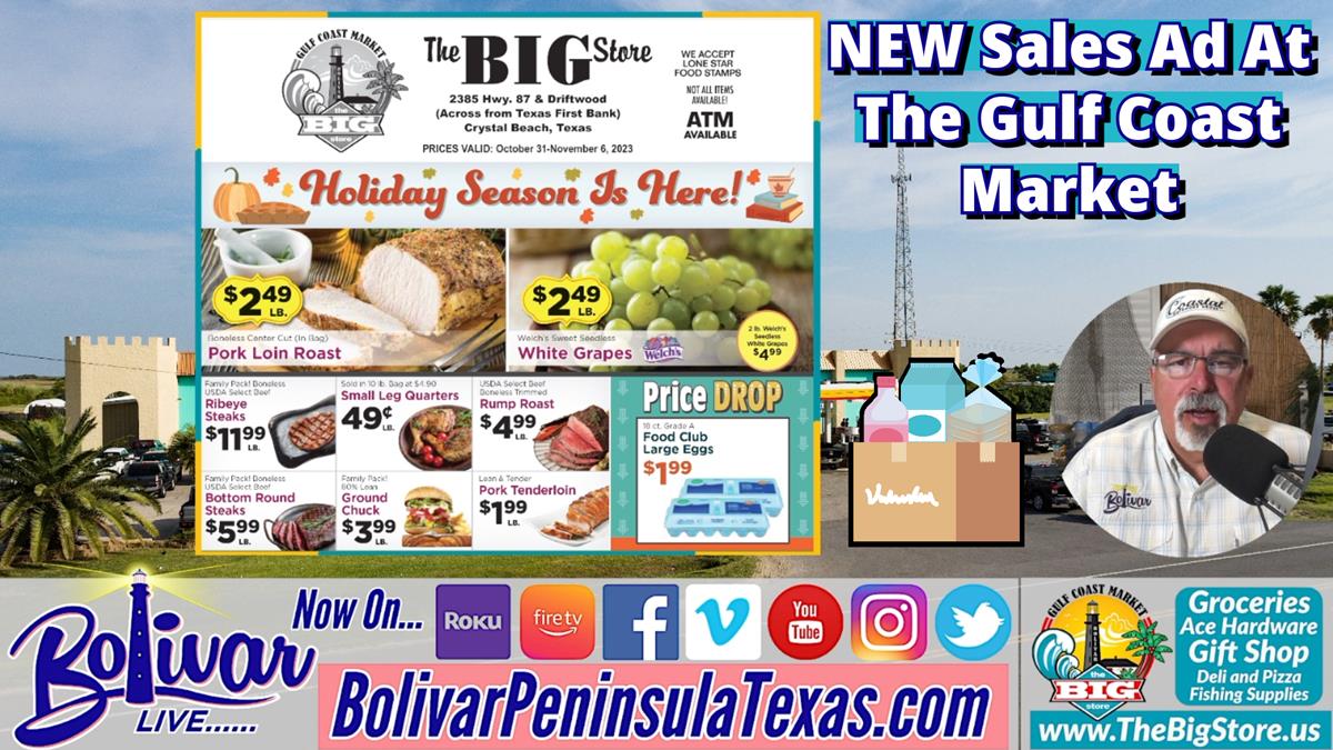 Gulf Coast Market Sales Ad On Bolivar Peninsula, Texas.