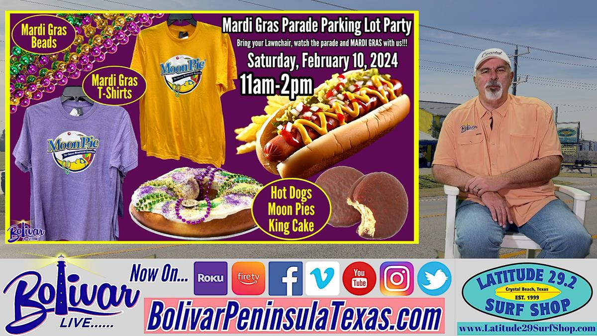 Mardi Gras Parking Lot Party At Latitude 29.2 Surf Shop In Crystal Beach, Texas.