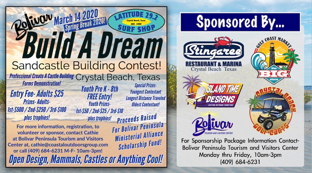 Spring Break 2020 New Event, Bolivar Build A Dream Sandcastle Building Contest.