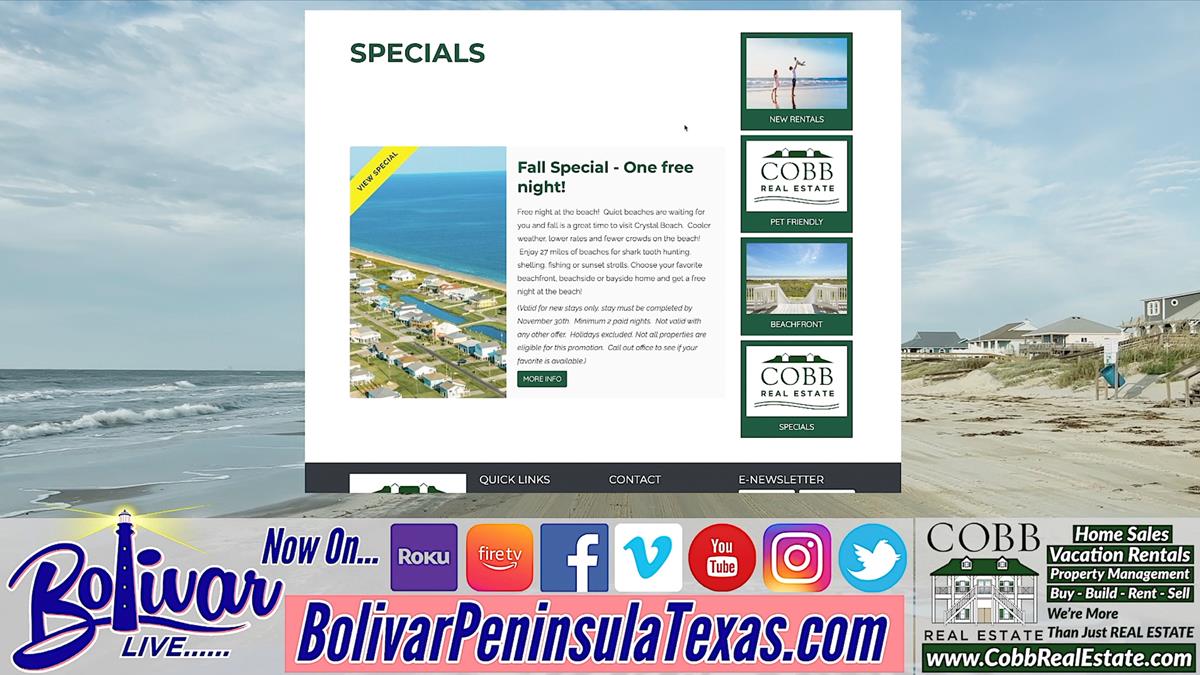 Stay On Bolivar Peninsula, The Beach, Get One Night Rental FREE.