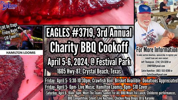 <a href="/Event-2024-4-5-F-O-E-Eagles-3719-3Rd-Annual-Charity-BBQ-Cookoff" itemprop="url">F.O.E. Eagles #3719, 3rd Annual Charity BBQ Cookoff</a>